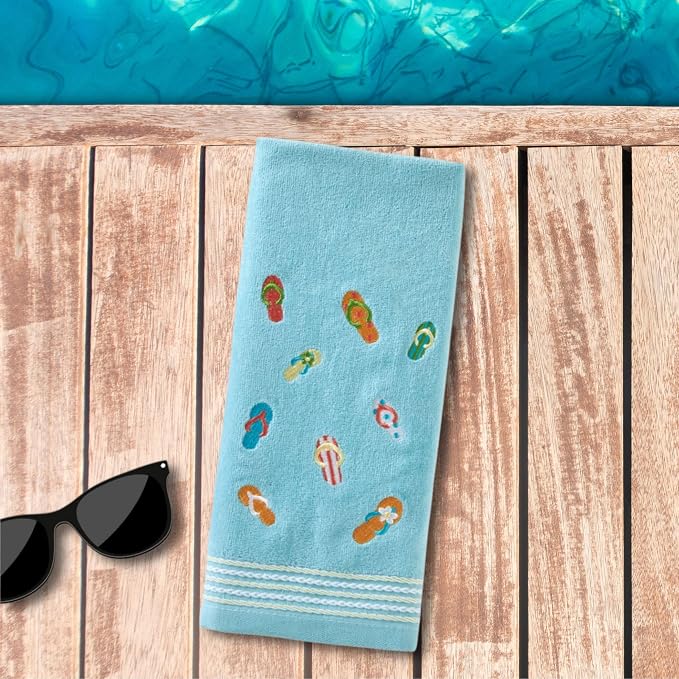 SKL Home Flips & Flops Hand Towel Set-2pc, 100% Cotton, Embroidered, Blue | Decorative velour for summer fun & everyday décor. Can be used in the bathroom, kitchen, bar, or any sink space.