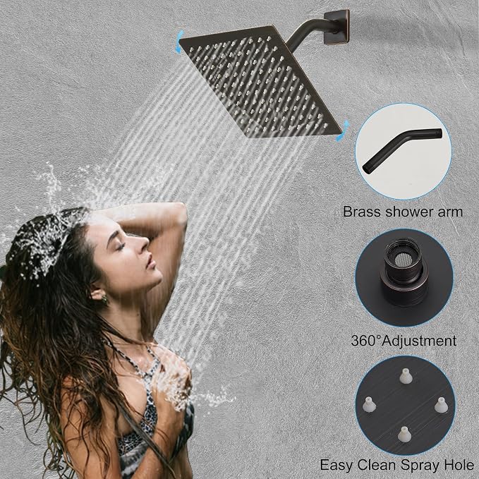 Oil Rubbed Bronze Shower System, 8 Inch High Pressure Rain Shower with Handheld, Wall Mount Shower Faucet Set for Bathroom, Rough-in Valve Body and Trim Included