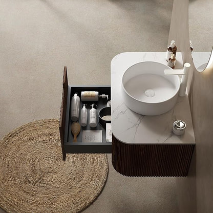 30'' Bathroom Vanities Cabinet with Sink Combo, Wall Mounted Floating Cabinet W/Curved Edges Stripes, Oak Plywood, Soft-close System with a Drawer, White Round Ceramic Basin - Kiel, Dark Walnut