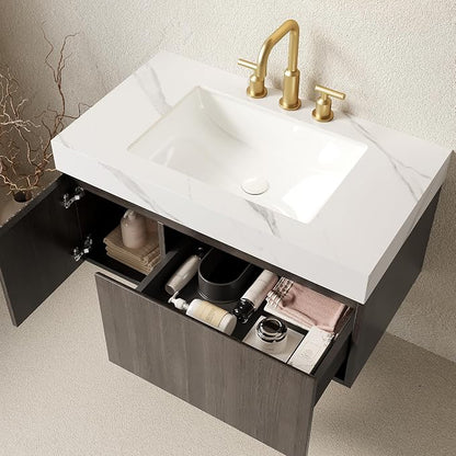 KEIKI 36 Inch Floating Bathroom Vanity with Sink, Espresso & White | Modern Wall Mounted Storage Cabinet w/ Drawer & Door, Pre-assembled Wood Panels, Sintered Stone Top & Ceramic Basin Combo Set