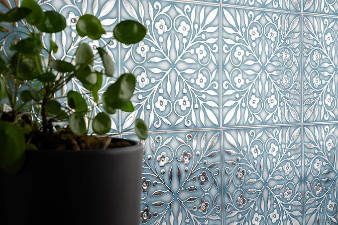 Main Street Peel and Stick Wallpaper Tiles, Blue & Silver Leaves, 24-Pack | 8"x8" tiles, covers 10.67 sq ft. Peel-and-stick paper, no extra adhesive needed. Ideal for backsplashes & DIY projects.