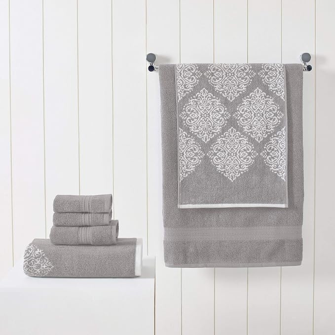 Modern Threads 6-Piece 100% Cotton Damask Medallion Towel Set, Grey | Highly Absorbent, Soft & Plush, Quick-Drying, 550 GSM, Color-Rich Yarn-Dyed Design, OEKO-TEX Certified