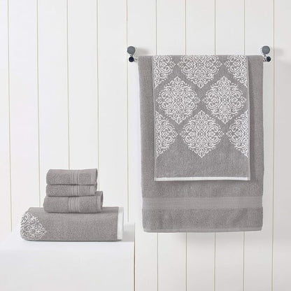 Modern Threads 6-Piece 100% Cotton Damask Medallion Towel Set, Grey | Highly Absorbent, Soft & Plush, Quick-Drying, 550 GSM, Color-Rich Yarn-Dyed Design, OEKO-TEX Certified