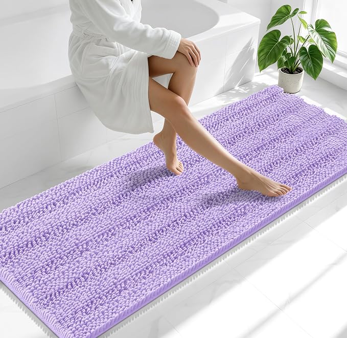 Smiry Thick Chenille Bathroom Runner Rugs 70x24, Soft Bath Mat, Lavender | Quick‑Dry & Machine Washable, Non‑Slip Bath Carpet, Striped Bath Rugs for Tub & Shower, Modern Home Decor Accessories