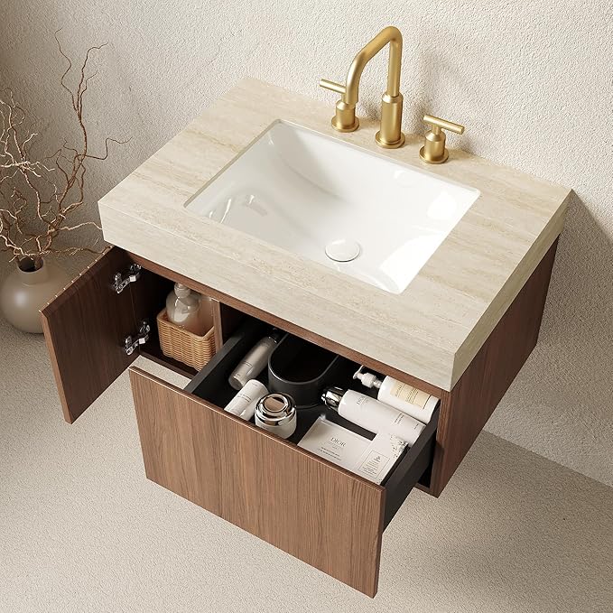 30” Floating Bathroom Vanity with Sink, Wall-Mounted Cabinet with Drawer & Doors, Roma Travertine-Pattern Countertop, Undermount Basin, 3 Faucet Hole, Soft-Close, Pre-Assembled, Brown Oak