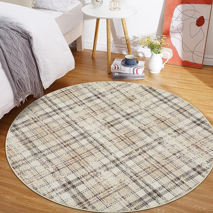Tartan Plaid Washable Round Rugs, Non-Slip Soft Round Rug 4ft Ultra-Thin, Small Boho Circle Stain Resistant Low Pile Carpet for Entryway Kitchen Bedroom Nursery Bathroom, Beige