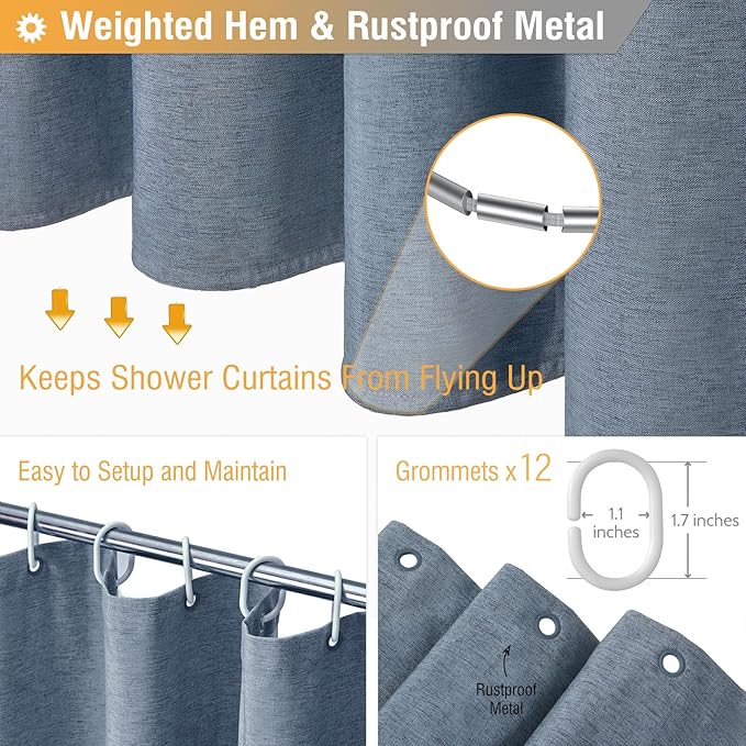 BTTN Extra Long Shower Curtain - 84 Inch Long Linen Textured Heavy Duty Fabric Shower Curtain Set with 12 Plastic Hooks, Large Hotel Spa Simple Polyester Bath Curtains for Bathroom - 72x84 - Blue Gray