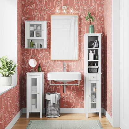 RiverRidge Prescott Slim Bathroom Linen Storage Cabinet, White | Versatile Narrow Organizer with Reeded Glass Door, Adjustable Shelves, Soft-Close Hinges