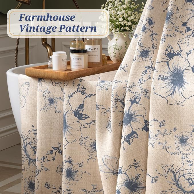 Vintage Blue Floral Shower Curtain with 12 Clear Rings - 72" W x 72" L | Farmhouse Fabric Faux Linen Shower Curtain Set, French Country Cottagecore Style Shower Curtain for Bathroom