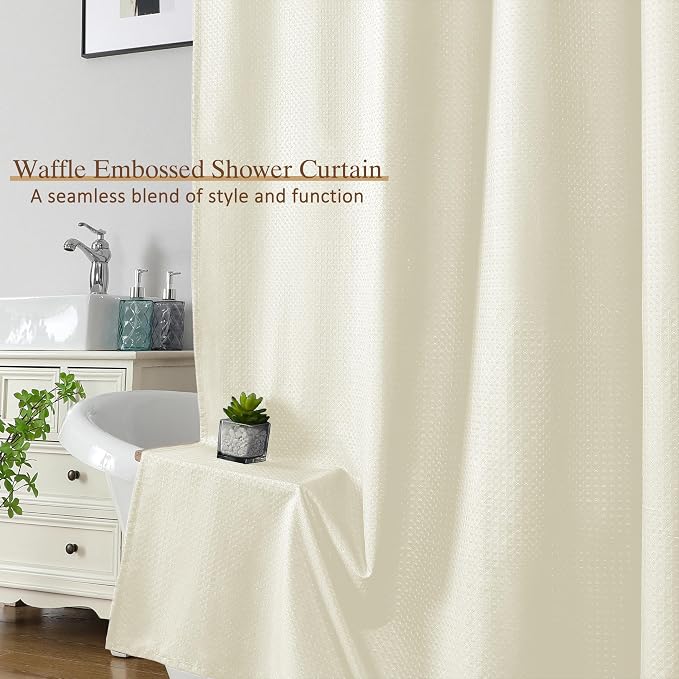 Cream Shower Curtain 72 Inch Length 1 Piece, Waffle Embossed Textured Soft Fabric Hotel Shower Curtain for Bathroom, Modern Polyester Water Repellent Machine Washable Bath Decor, 72Wx72L Inches