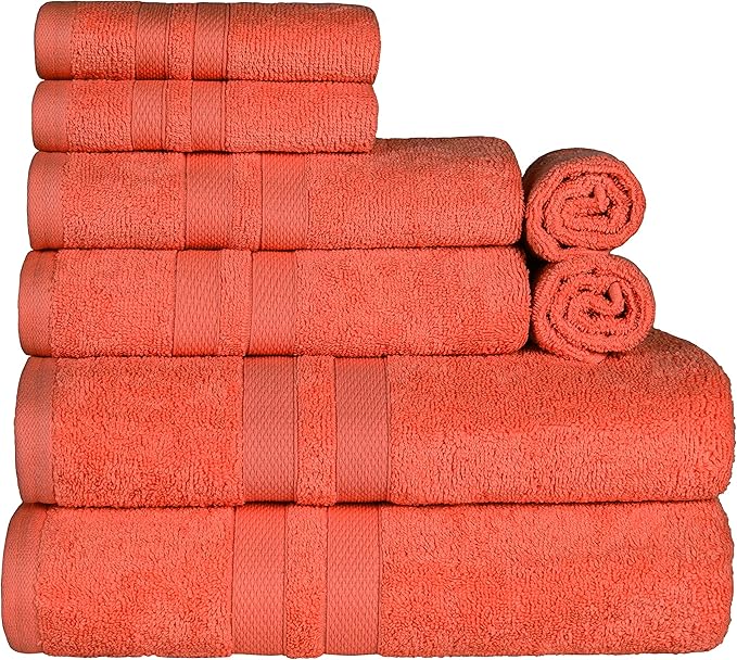Superior Ultra-Soft 8-Piece Cotton Towel Set, Includes 2 Bath Towels, 2 Hand Towels, and 4 Washcloths, Daily Use Towels for Home, Bathroom, Guest Bath Room, Essential Quick Dry - Tangerine