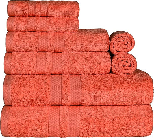 Superior Ultra-Soft 8-Piece Cotton Towel Set, Includes 2 Bath Towels, 2 Hand Towels, and 4 Washcloths, Daily Use Towels for Home, Bathroom, Guest Bath Room, Essential Quick Dry - Tangerine