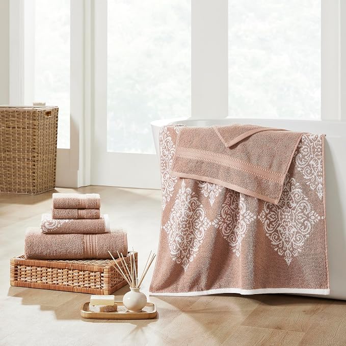 Modern Threads 6-Piece 100% Cotton Damask Medallion Towel Set, Taupe | Highly Absorbent, Soft & Plush, Quick-Drying, 550 GSM, Color-Rich Yarn-Dyed Design, OEKO-TEX Certified