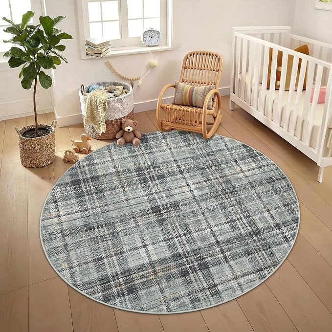 Tartan Plaid Washable Round Rugs 4ft, Non-Slip Soft Small Round Rug Circle Stain Resistant Low Pile Carpet for Entryway Kitchen Bedroom Nursery Bathroom, Greyish Green