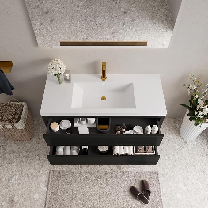 Modern 48" Wall-Mounted Bathroom Vanity with Sink | Floating Storage Cabinet, Stone Resin Countertop, Soft Close Drawers | Espresso Wood