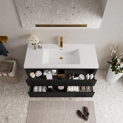 Modern 48" Wall-Mounted Bathroom Vanity with Sink | Floating Storage Cabinet, Stone Resin Countertop, Soft Close Drawers | Espresso Wood