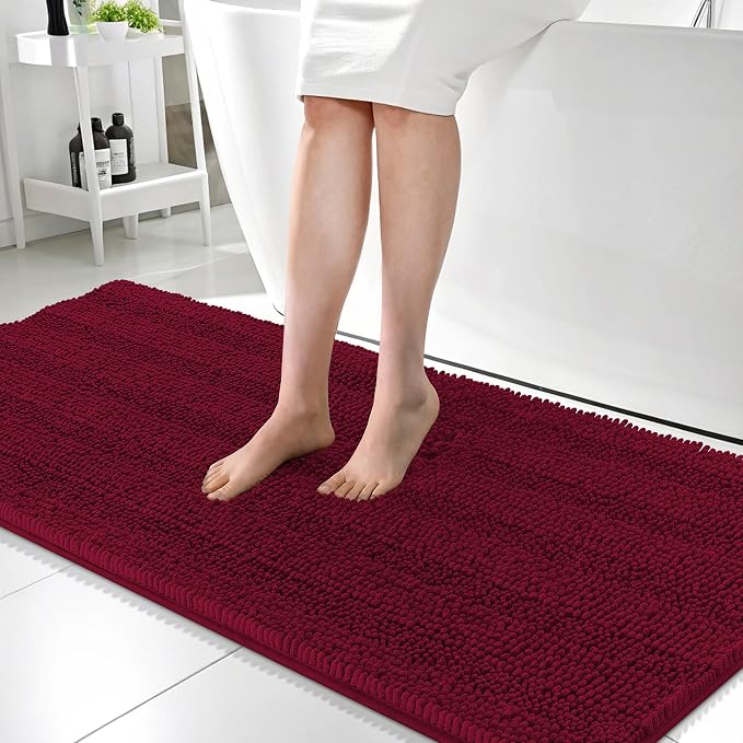 OLANLY Thick Bathroom Runner Rugs 59x24, Soft Chenille Bath Rugs, Burgundy | Absorbent Striped, Rubber Backing, Machine Wash, Long Bath Mats for Bathroom Floor, Tub and Shower, Home Decor Accessories