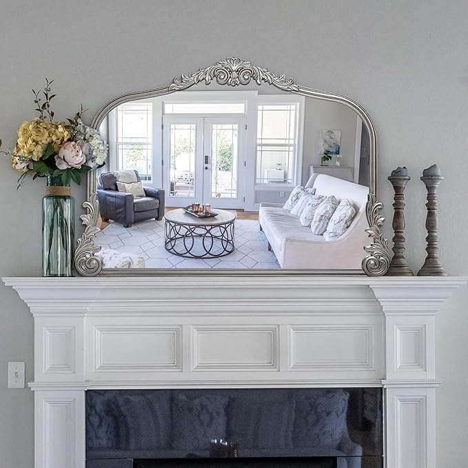 English Estate Carved Arch Wood Wall Mirror, Mirror for Entryway, Living Room, Bathroom, Antique Silver, 26x37