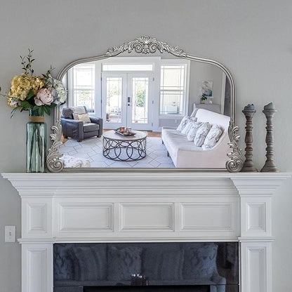 English Estate Carved Arch Wood Wall Mirror, Mirror for Entryway, Living Room, Bathroom, Antique Silver, 26x37