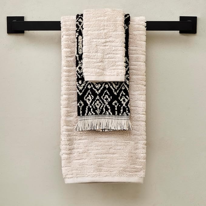 SKL Home CloudSoft/Nador Bath Towel Set-6pc, 100% Cotton, Oatmeal/Black | 2 Bath towels, 2 hand towels, 2 washcloths. 600 GSM. Soft & absorbent, reversible jacquard. Premium spa-level quality.