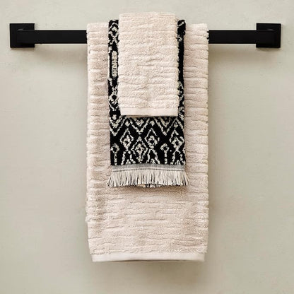 SKL Home CloudSoft/Nador Bath Towel Set-6pc, 100% Cotton, Oatmeal/Black | 2 Bath towels, 2 hand towels, 2 washcloths. 600 GSM. Soft & absorbent, reversible jacquard. Premium spa-level quality.