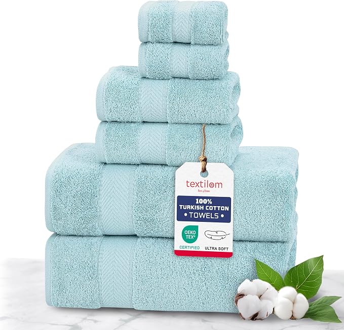 100% Turkish Cotton 6 Pcs Luxury Bath Towel Set, Soft & Absorbent Towels for Bathroom (2 Bath Towels, 2 Hand Towel, 2 Washcloths) - Aqua