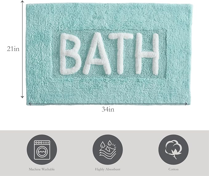 Creative Home Ideas Cotton Bath Rug - Soft Cotton Bath Mat - Bathroom Decor - Water Absorbent and Machine Washable - Measures 21"x34" - "Bath" - Aqua Blue