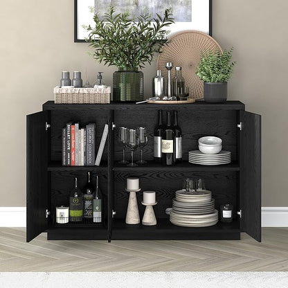 Henn&Hart 48" Fluted Sideboard Buffet Cabinet, Ribbed Wooden Credenza with 3 Doors, Adjustable Shelves, and Cable Management Cut-Outs for Dining Room, Kitchen, Living Room or Entryway, Natural Black