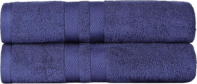 Superior Ultra-Soft Cotton Bath Towel Set, Quick-Dry, Absorbent, Shower, Spa Basics, Large Towels, Bathroom Sets, Bath Essentials, Solid, Double Line Dobby Border, 2 Pack, Set of 2, Navy Blue