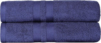 Superior Ultra-Soft Cotton Bath Towel Set, Quick-Dry, Absorbent, Shower, Spa Basics, Large Towels, Bathroom Sets, Bath Essentials, Solid, Double Line Dobby Border, 2 Pack, Set of 2, Navy Blue