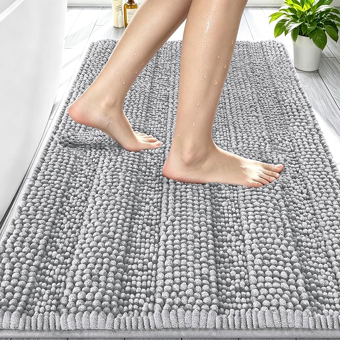 Smiry Thick Chenille Bathroom Rugs 30x20, Absorbent Bath Mat, Light Grey | Quick‑Dry & Machine Washable, Non‑Slip Bath Carpet, Soft Striped Bath Rugs for Tub & Shower, Modern Home Decor Accessories
