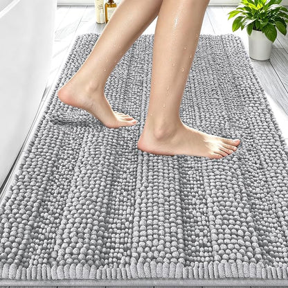 Smiry Thick Chenille Bathroom Rugs 30x20, Absorbent Bath Mat, Light Grey | Quick‑Dry & Machine Washable, Non‑Slip Bath Carpet, Soft Striped Bath Rugs for Tub & Shower, Modern Home Decor Accessories