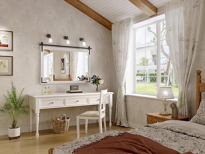 White Farmhouse Bathroom Mirror, 40x26 Inch White Vanity Mirror for Wall, Wood Framed Rustic Mirror Rectangular Wall Decor Mirrors for Entryway Living Room Bedroom