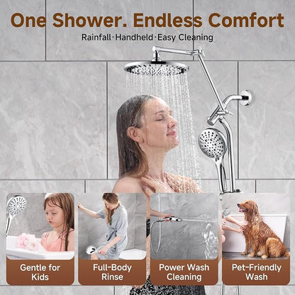 BRIGHT SHOWERS Rain Shower System with Handheld, High Pressure Dual Shower Head Combo, 9-Spray Modes, Adjustable Slide Bar & Extension Arm, 3-Way Diverter, Built-in Power Wash, 69" Hose, Chrome