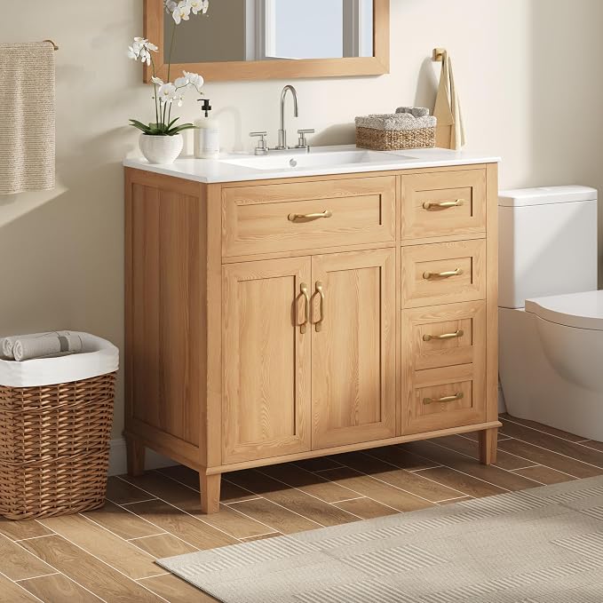 36 Inch Bathroom Vanities with Undermount Ceramic Sink, Storage Cabinet with Soft Closing Doors and Three Drawers, Solid Wood Frame, Natural Wood