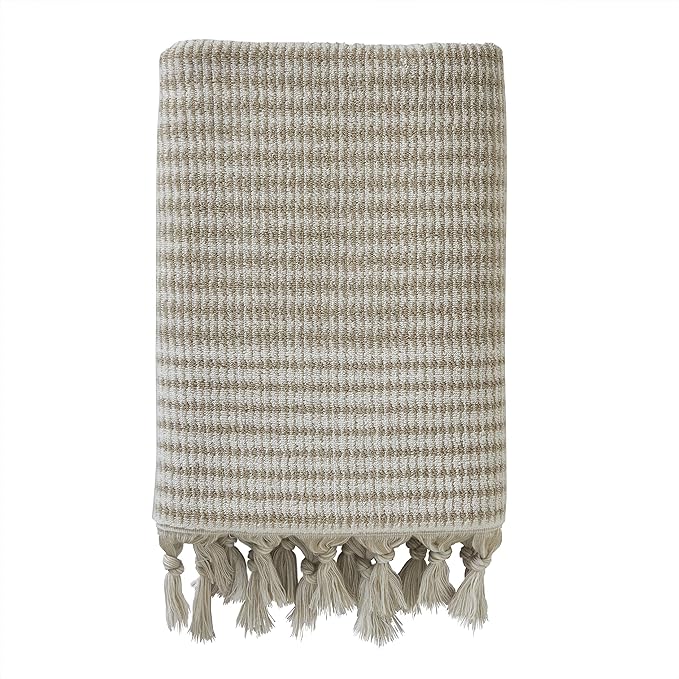 SKL Home Longborough Bath Towel, 100% Turkish Cotton, Tan | 640 GSM weight. Spa-level quality. Soft & absorbent jacquard with hand-knotted tassels.