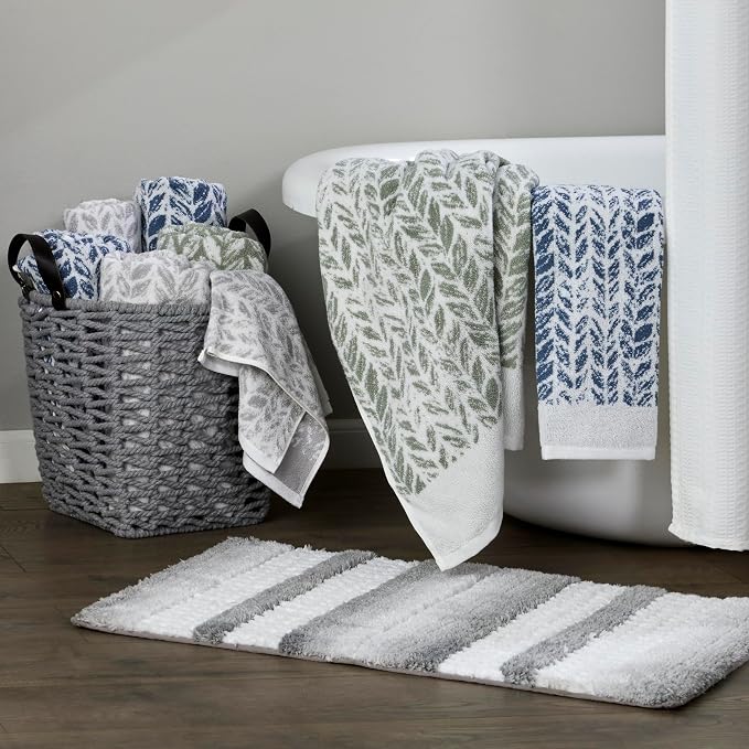 SKL Home Distressed Leaves Bath Towel, 100% Turkish Cotton, Sage | 600 GSM weight. Spa-level quality. Soft, & absorbent, reversible jacquard.