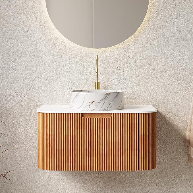 LKTART 30 Inch Floating Bathroom Vanity with Sink, Modern Wall Mounted Bathroom Storage Cabinet with Drawer, Stone Pattern Round White Ceramic Sink Top and Marble Texture Top, Natural Wood