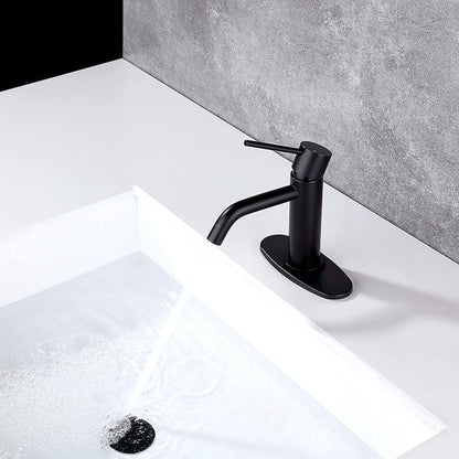 Matte Black Bathroom Faucet Single Hole, JXMMP Single Handle Bathroom Sink Faucets with Pop Up Drain and 6 inch Deck Plate and cUPC Water Supply Hose