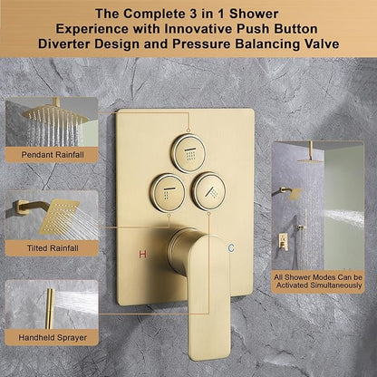 Brushed Gold Rainfall Shower System with Push-Button Diverter, Square UFO Rain Shower Trim Kit for Ceiling and Wall Mount, 2-Function Handheld Shower, Rough-in Valve, and Shower Faucet Set