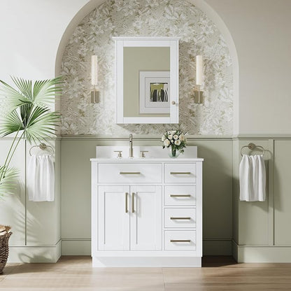36-Inch Bathroom Vanity with Sink W/ 2 Doors & 4 Drawers & 1 Flip Drawer, White Vanity W/Brushed Nickel Handles
