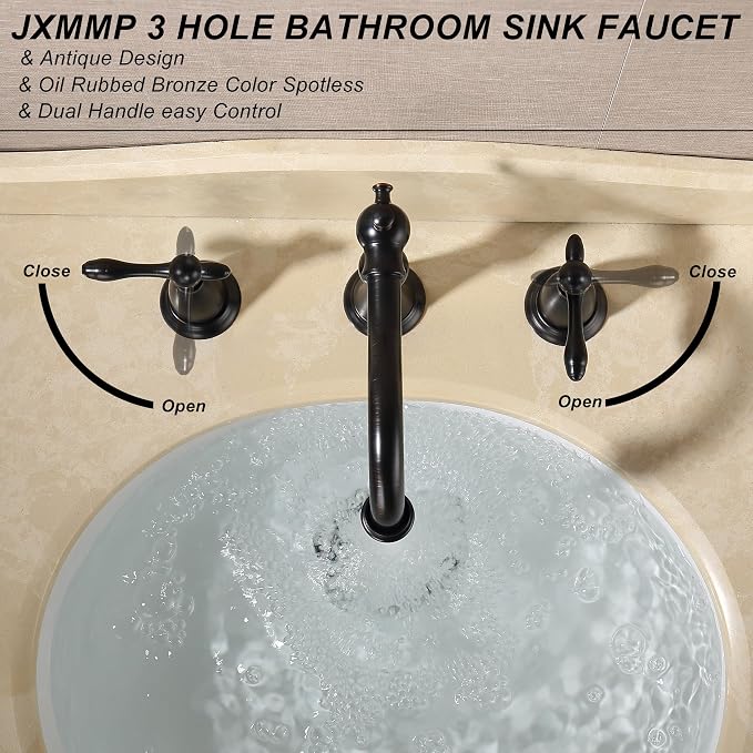 Oil Rubbed Bronze Antique Bathroom Faucet 3 Hole, Widespread 8in Bathroom Sink Faucet with Pop Up Drain and cUPC Supply Hose, Modern 2 Handle Three Hole Bathroom Faucet Bronze JXM3073ORB