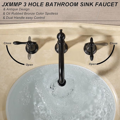 Oil Rubbed Bronze Antique Bathroom Faucet 3 Hole, Widespread 8in Bathroom Sink Faucet with Pop Up Drain and cUPC Supply Hose, Modern 2 Handle Three Hole Bathroom Faucet Bronze JXM3073ORB