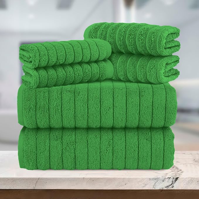 Elegant Comfort 100% Turkish Cotton Corduroy Ribbed Luxury Bath Towels 6-Piece Set,Premium Feel Quick Dry,Highly Absorbent, Contains 2 Bath Towels,2 Hand Towel& 2Washcloths,Emerald Green(Pack of 4)
