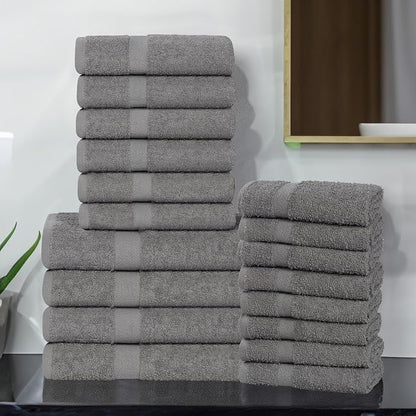 SUPERIOR 18-Piece Cotton Assorted Towel Set, Includes 8 Face Towel, 6 Hand, and 4 Bath Towels, Home, Bathroom, Guest Bath Essentials, Quick Dry, Absorbent, Franklin Collection - Charcoal