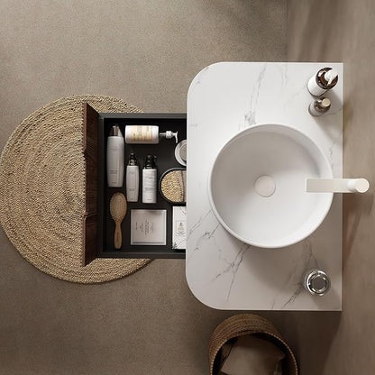 LKTART 30 Inch Floating Bathroom Vanity with Sink, Modern Wall Mounted Bathroom Storage Cabinet with Drawer, Round White Ceramic Sink Top and Marble Texture Top,Walnut