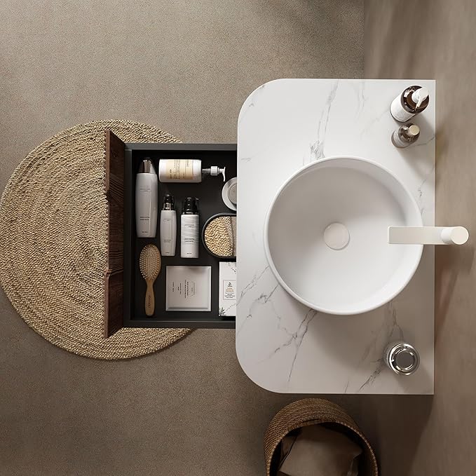 30'' Floating Vanity with Sink Combo, Modern Wall-Mounted Curved Edges Striped Bathroom Storage Cabinet with Soft-Close Drawer and White Artificial Marble Basin, Dark Walnut