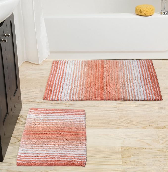 Home Weavers 100% Cotton Gradiation Collection Bathroom Décor | Washable Rug | Bathroom Mat | Kitchen Mat | Bathroom Rug Set | Bath Mat Set | Bath Floor Mat Non Slip, 2 Piece Set(S+M), Coral