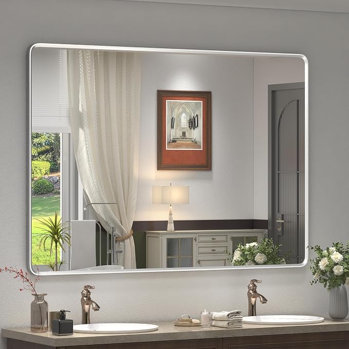 48x30 Inch Silver Framed Bathroom Mirror for Wall | Rounded Rectangle Silverish Vanity Mirror, Beveled Border, Anti-Rust, Shatterproof, Hangs Horizontally or Vertically