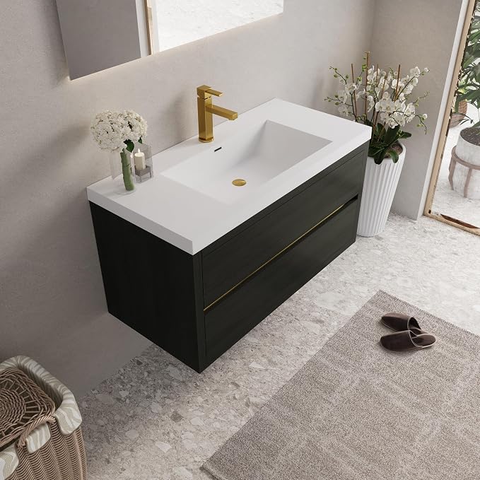 42" Floating Bathroom Vanity with Sink, Wall-Mounted Bathroom Storage Vanity Cabinet with Resin Top Basin and Soft Close Drawers, Fully Assembled, Espresso Wood